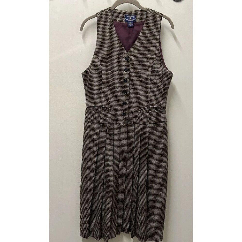 VTG Chelsea Campbell Womens Dress Jumper 8 Tan Houndstooth 100% Wool Academia